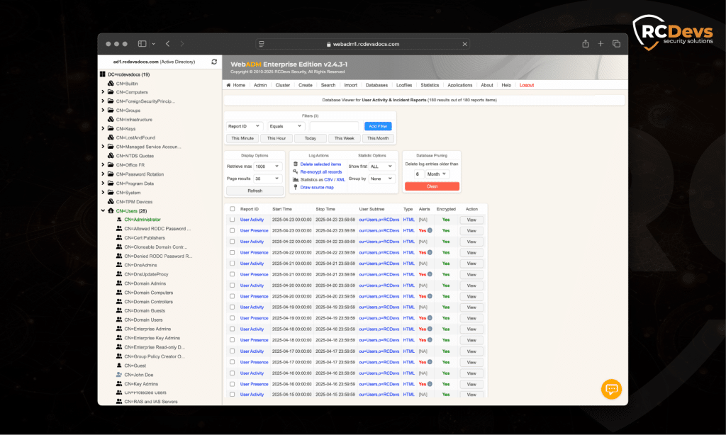 Portail d'administration WebADM affichant une base de données de rapports d'activité alimentée par l'IA avec des rapports automatisés sur l'activité et la présence des utilisateurs, montrant la programmation des rapports et le format de sortie HTML.